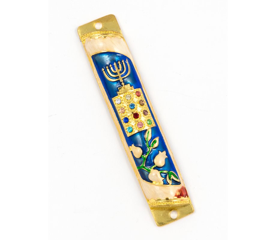 Rounded Mezuzah Case with Hoshen Breastplate and Menorah Design - Blue