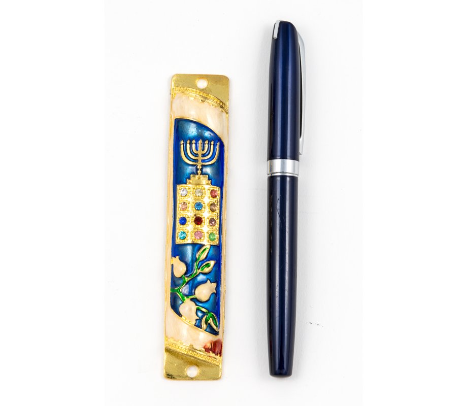 Rounded Mezuzah Case with Hoshen Breastplate and Menorah Design - Blue