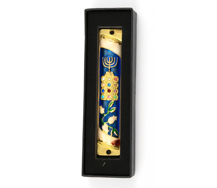 Rounded Mezuzah Case with Hoshen Breastplate and Menorah Design - Blue