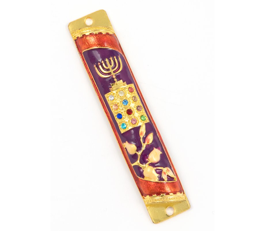 Rounded Mezuzah Case with Hoshen Breastplate and Menorah Design - Violet