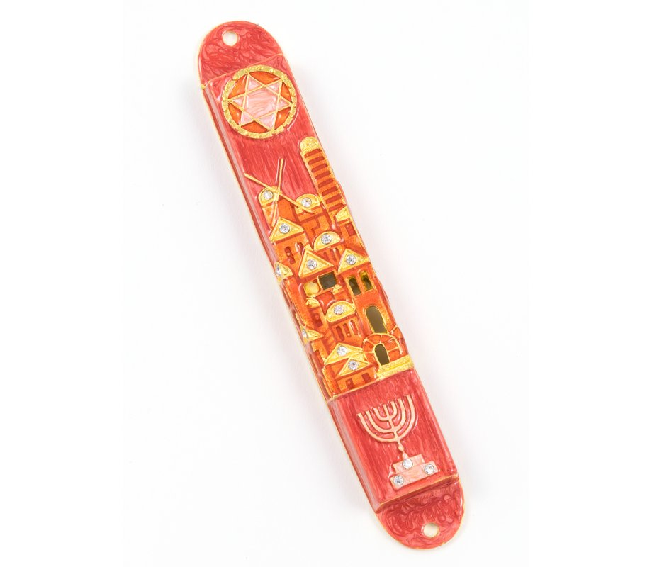 Rounded Mezuzah Case with Jerusalem, Menorah and Star of David - Gold and Red