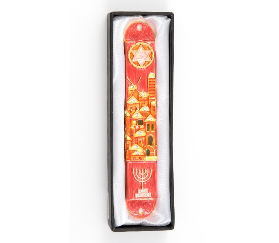 Rounded Mezuzah Case with Jerusalem, Menorah and Star of David - Gold and Red