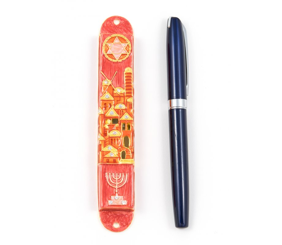 Rounded Mezuzah Case with Jerusalem, Menorah and Star of David - Gold and Red