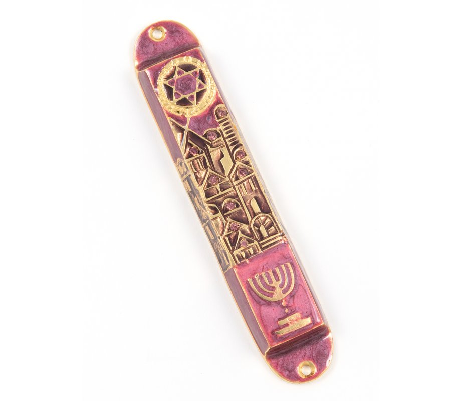 Rounded Mezuzah Case with Jerusalem, Menorah and Star of David - Purple