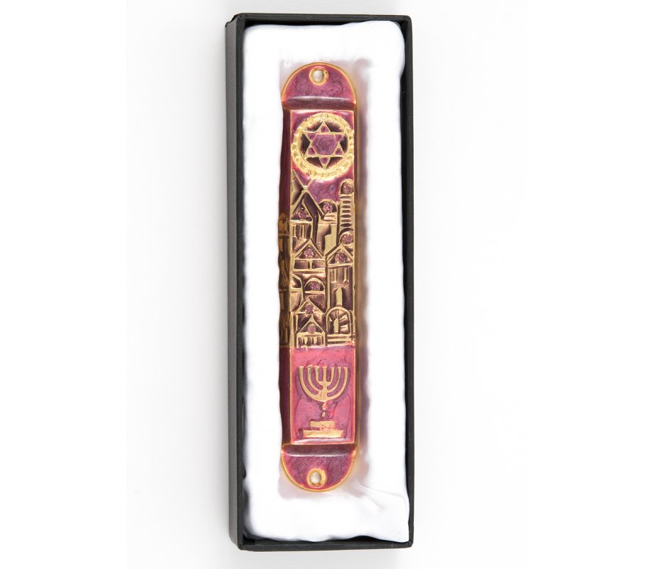 Rounded Mezuzah Case with Jerusalem, Menorah and Star of David - Purple