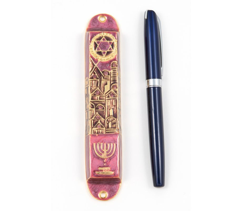 Rounded Mezuzah Case with Jerusalem, Menorah and Star of David - Purple