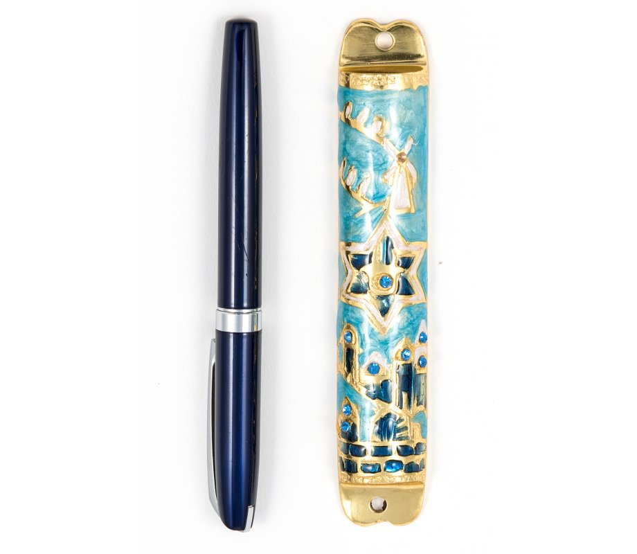 Rounded Mezuzah Case with Star of David and Jerusalem Design - Gold and Blue