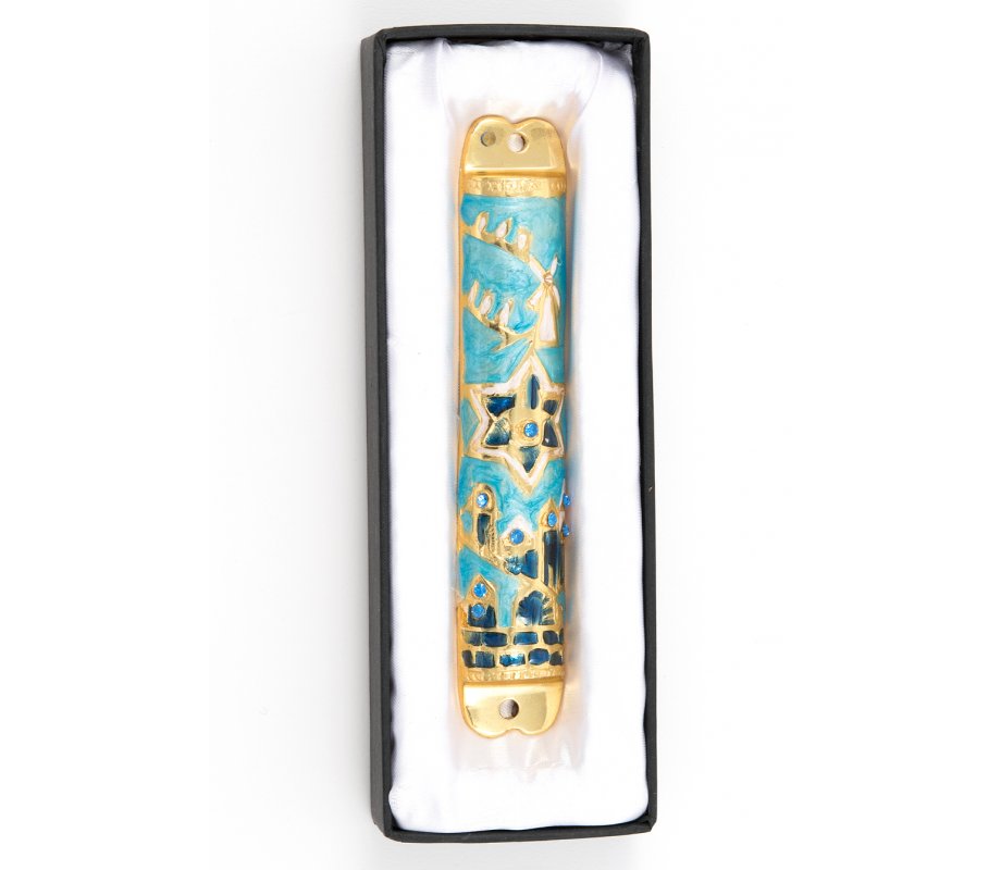 Rounded Mezuzah Case with Star of David and Jerusalem Design - Gold and Blue