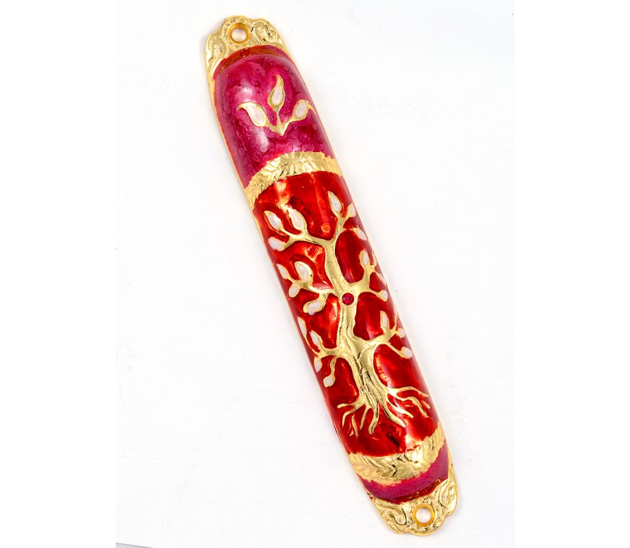 Rounded Mezuzah Case with Tree of Life - Gold, Red and Pink