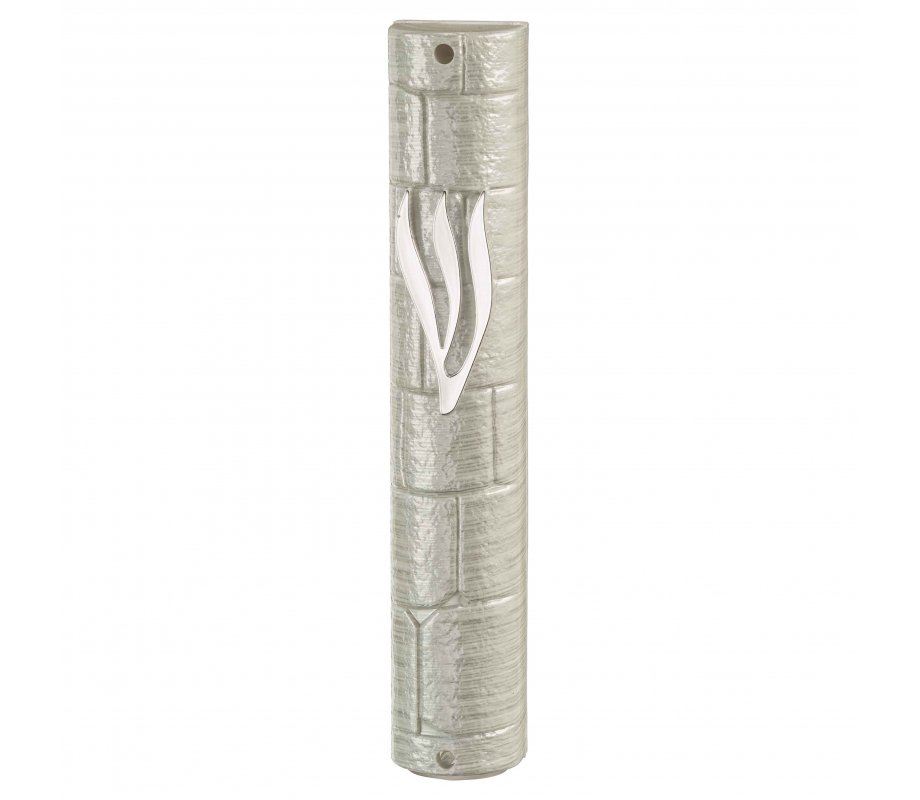 Rounded Silver Plastic Mezuzah Case with Western Wall Image – Silver Shin