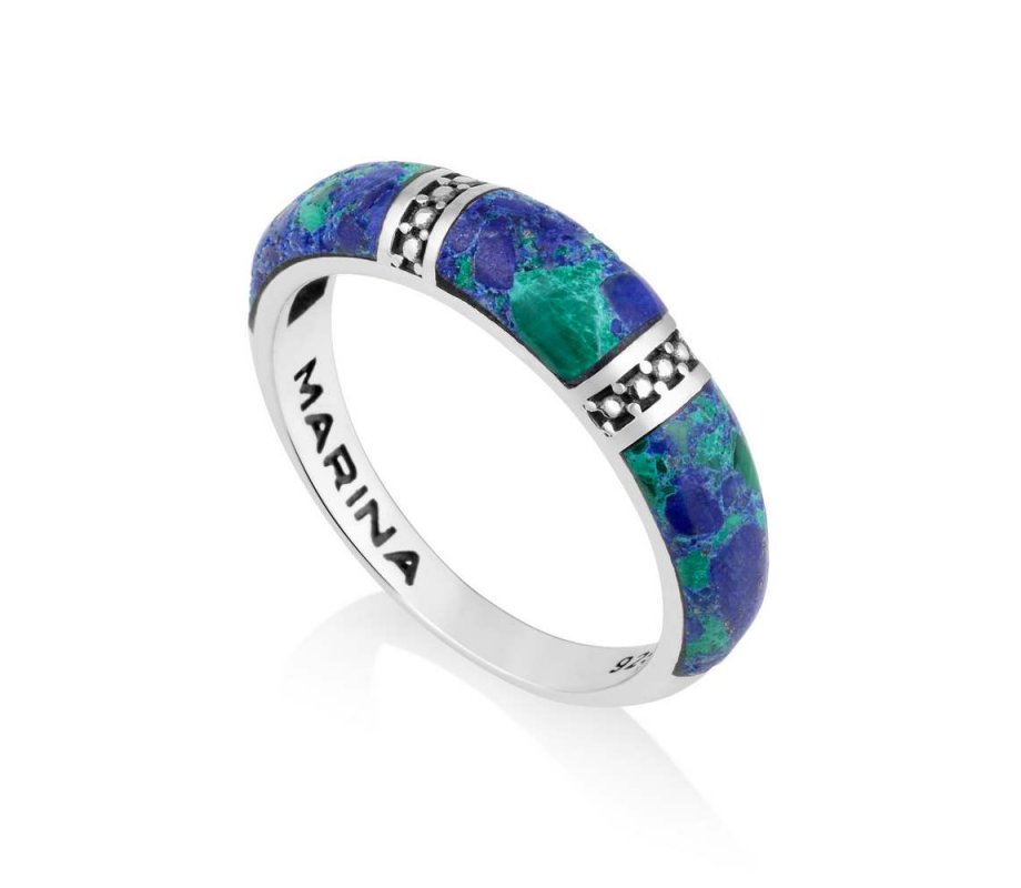 Rounded Sterling Silver Ring with Eilat Stone and Decorative Stripes