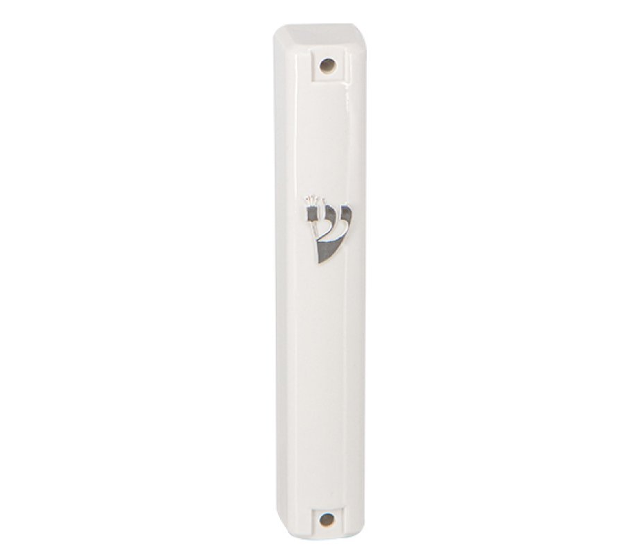 Rounded White Extra Large Plastic Mezuzah Case - Silver Shin