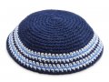 Royal Blue Knitted Kippah with Light Blue and White Border Stripes - Choice of Sizes
