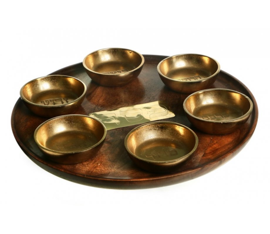 Rustic Wood Seder Plate with Six Matching Gold Aluminum Bowls