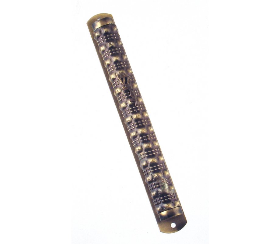 Scroll shaped Pewter Mezuzah Case with Gold Colored Striped Design