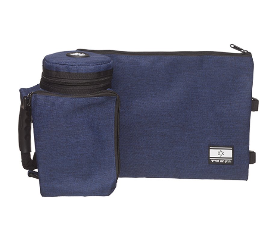 Set, Insulated Tefillin Holder and Weatherproof Tallit Bag - Dark Blue Denim Style Fabric