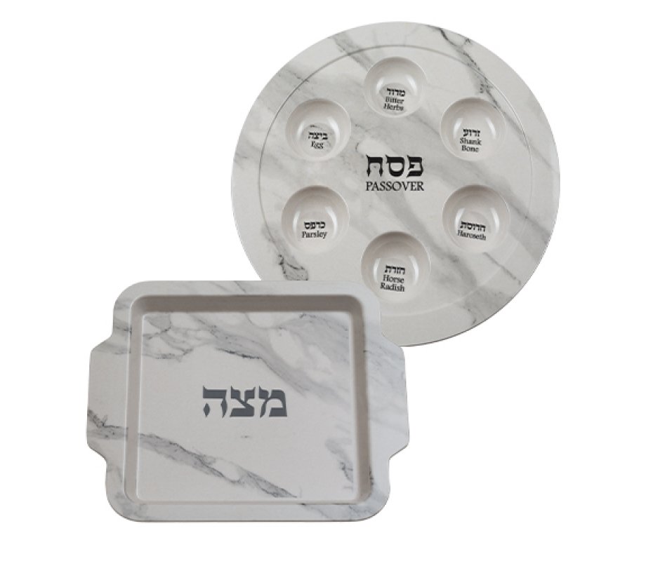 Set, Melamine Passover Seder Plate and Matzah Tray - Gray Marble Design
