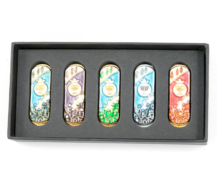 Set of Five Car Mezuzahs in Gift Box - Jerusalem and Menorah Design