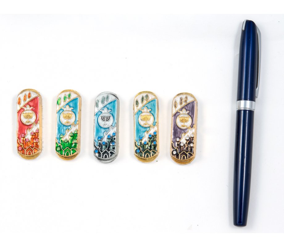 Set of Five Car Mezuzahs in Gift Box - Jerusalem and Menorah Design