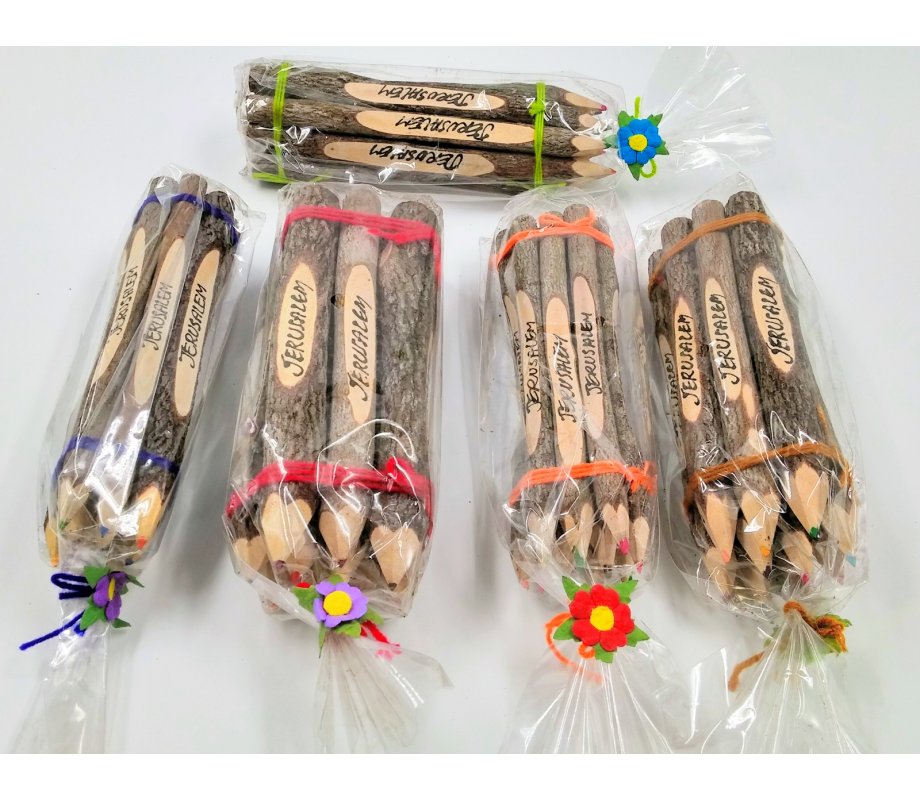 Set of Six Souvenir Olive Wood Colored Pencils Decorated with 