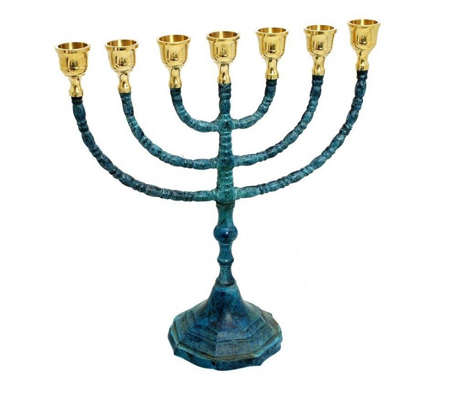Seven Branch Blue Turquoise Patina Menorah, Gold Candleholders – 12