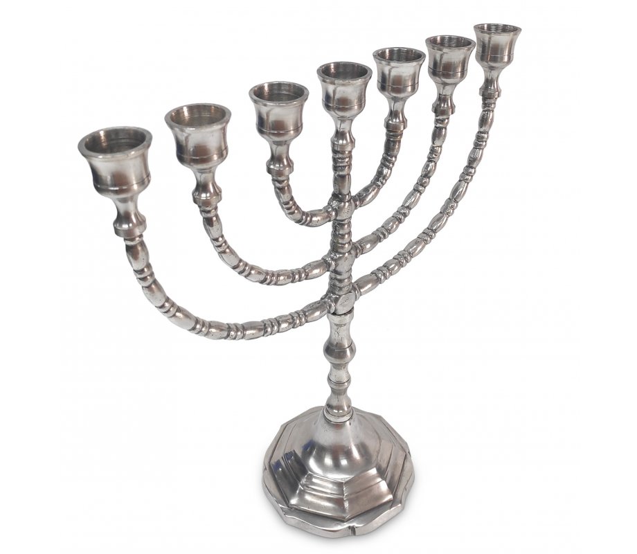Seven Branch Menorah, Pewter Covered Brass with Decorative Branches - 10
