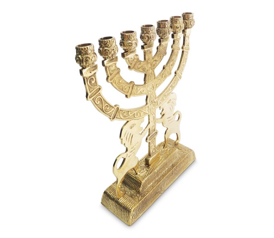 Seven Branch Menorah in Decorative Gold Colored Brass, Prancing Lions  9