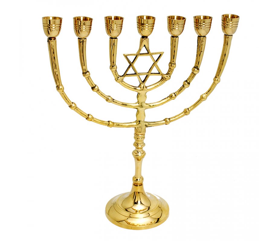 Seven Branch Menorah on Stem, Gold Colored Brass, Star of David - 11