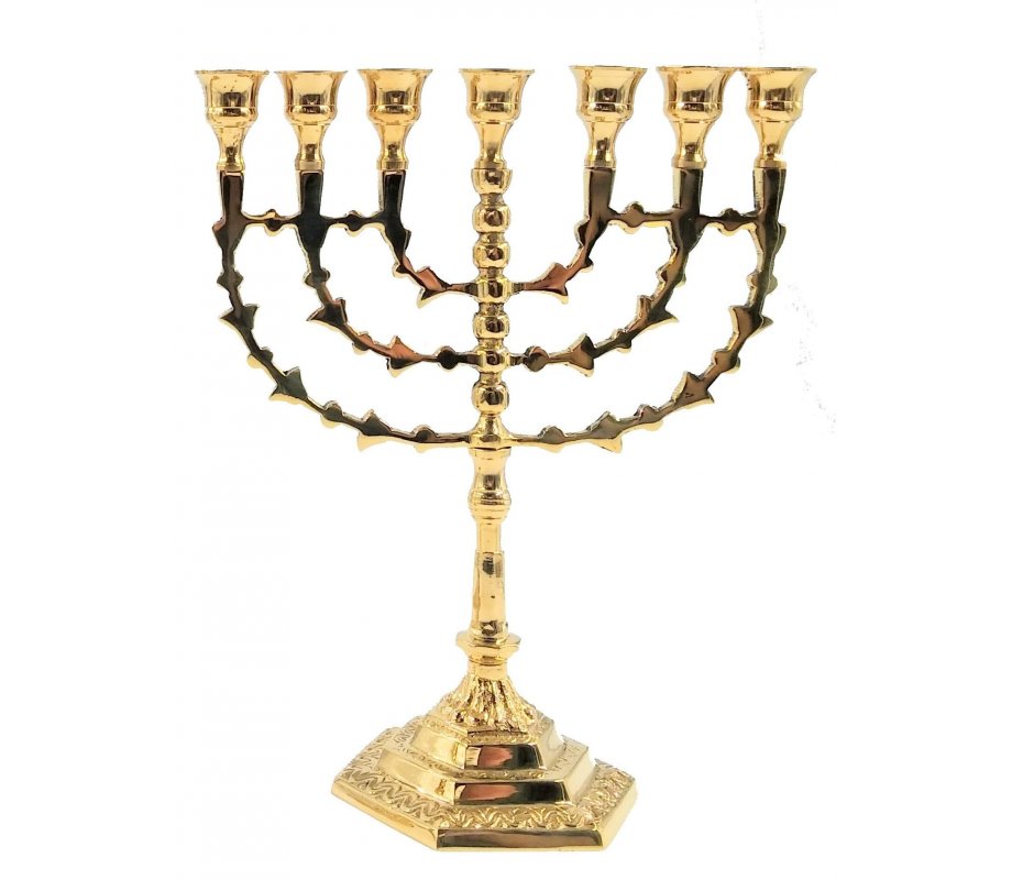 Seven Branch Menorah with Arrow Design Branches, Gold Brass – 10