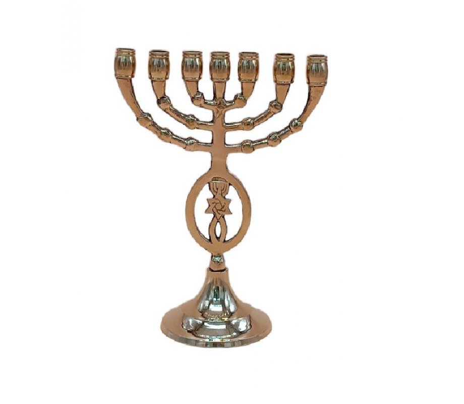 Seven Branch Menorah with Fish and Star of David, Brass Gold – 8 Inches Height