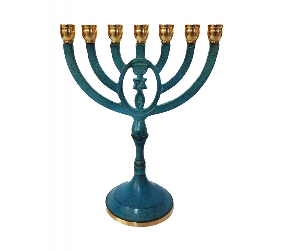 Seven Branch Menorah with Framed Oval Grafted In Design, Blue Patina - 8