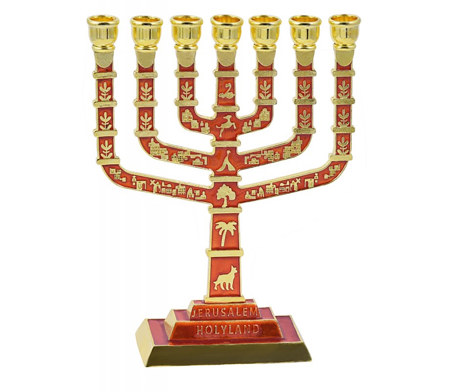 Seven Branch Menorah with Jerusalem Images & Judaic Motifs, Red and Gold - 9.5