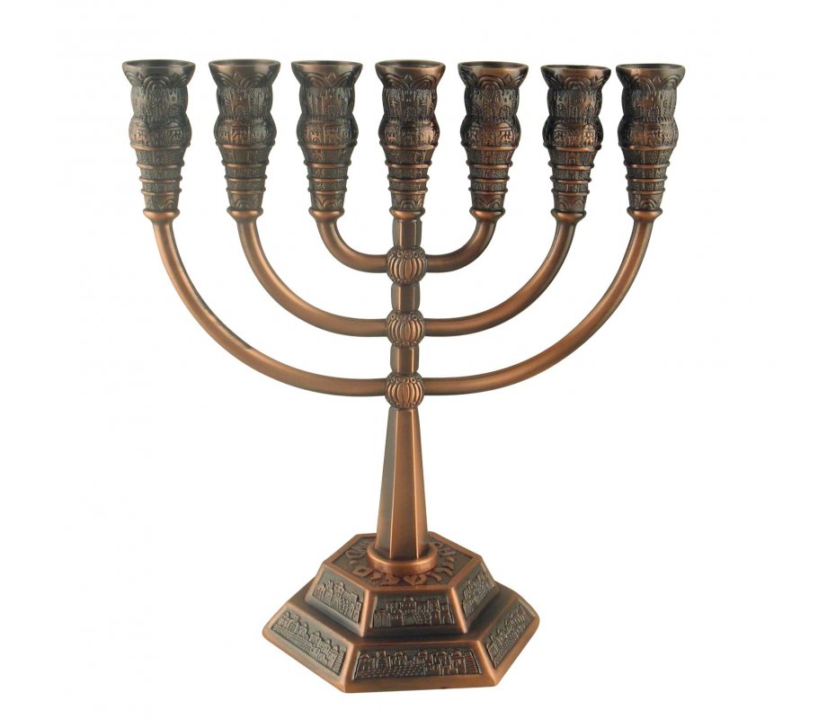 Seven Branch Menorah with Jerusalem Images, Bronze – Option 5.3
