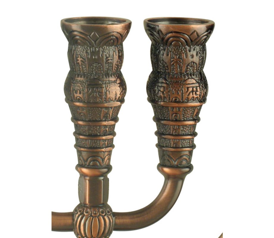Seven Branch Menorah with Jerusalem Images, Bronze – Option 5.3