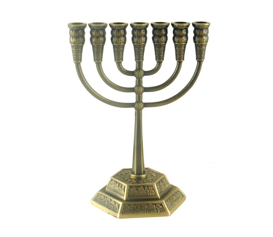 Seven Branch Menorah with Jerusalem Images, Copper - Option 5.3