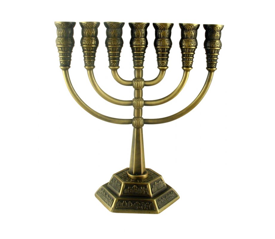 Seven Branch Menorah with Jerusalem Images, Copper - Option 5.3