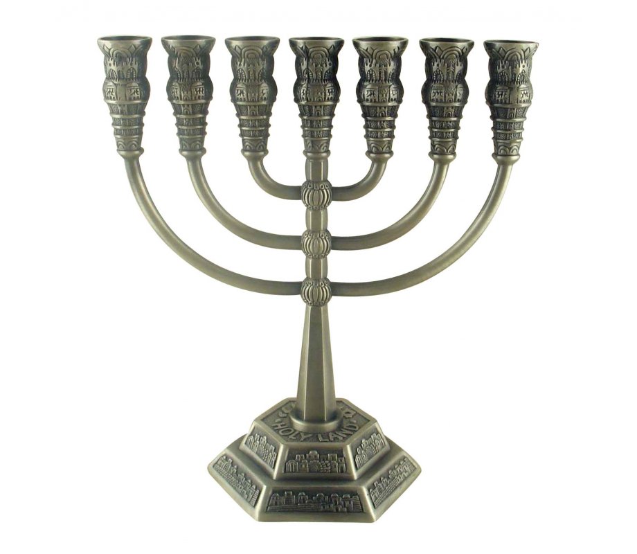Seven Branch Menorah with Jerusalem Images, Pewter - Option 5.3