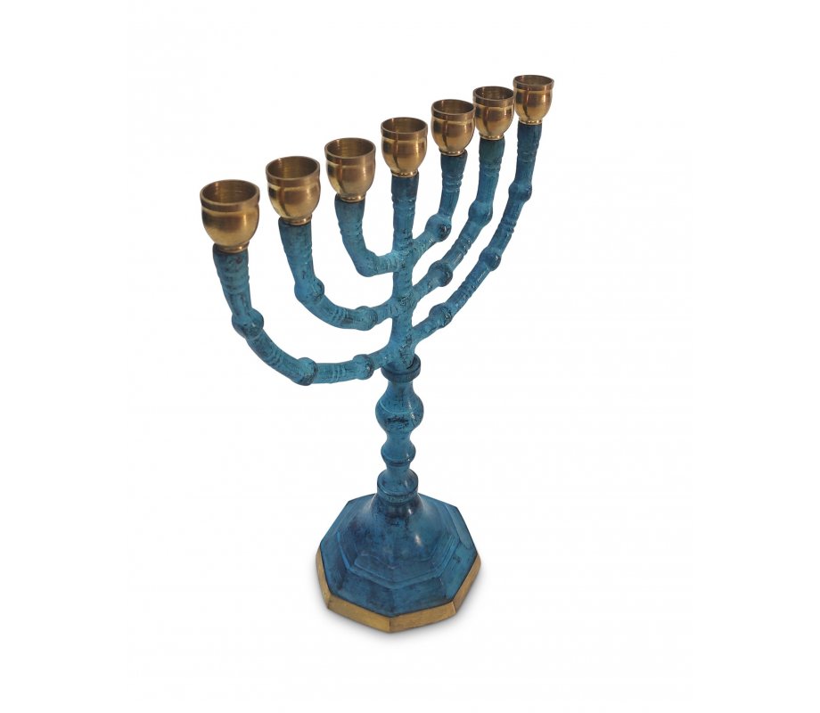 Seven Branch Patina Menorah, Decorative with Gold Candleholders – 8 Inches