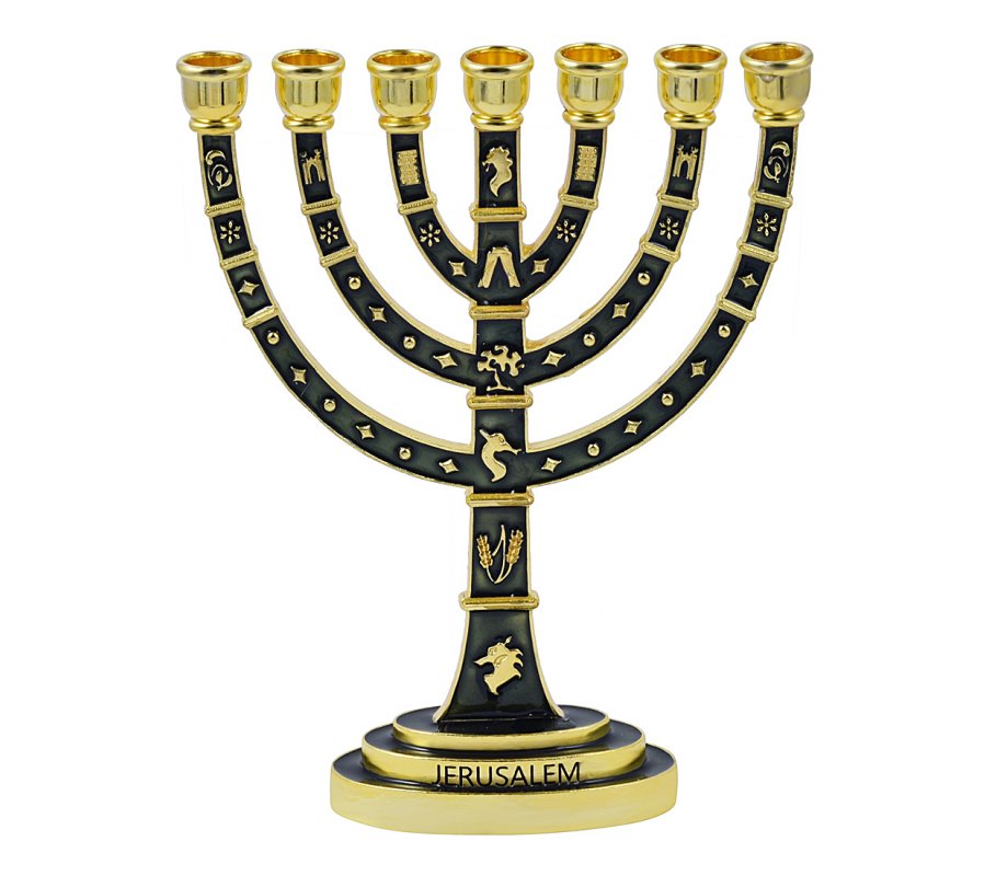 Seven-Branch Menorah, Gold Judaic Motifs on Dark Green Enamel - 9.5”