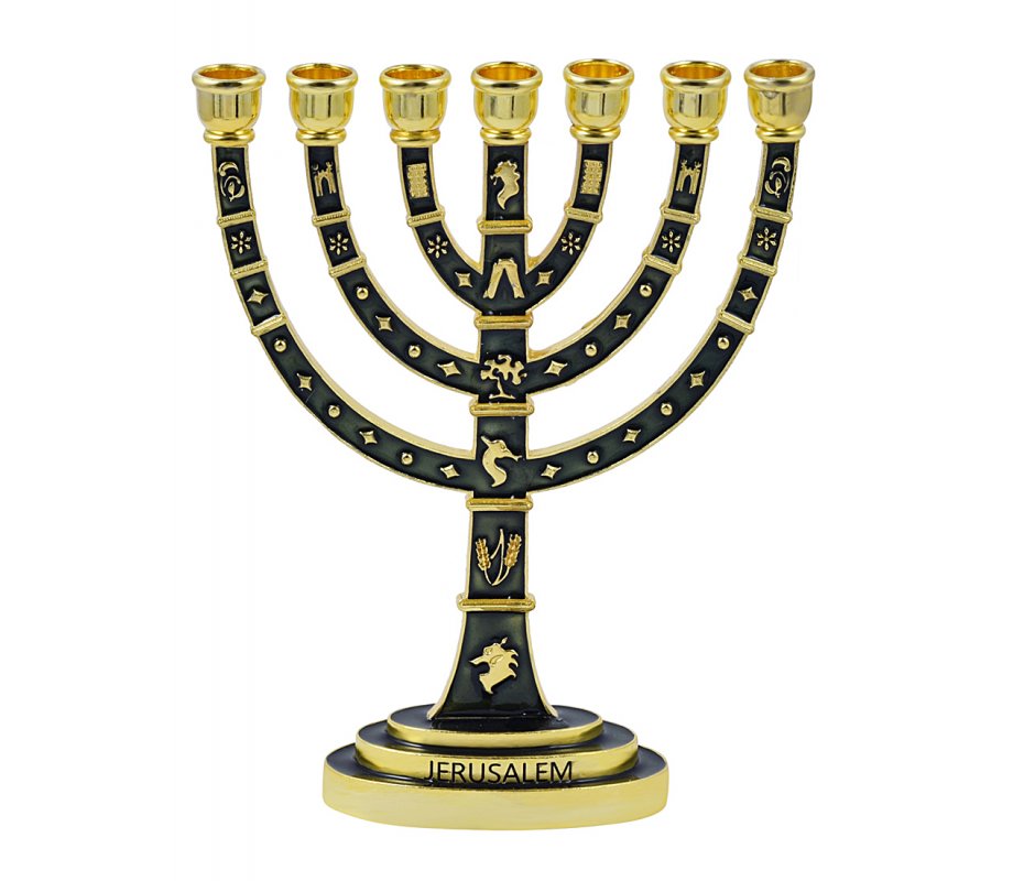 Seven-Branch Menorah, Gold Judaic Motifs on Dark Green Enamel - 9.5”
