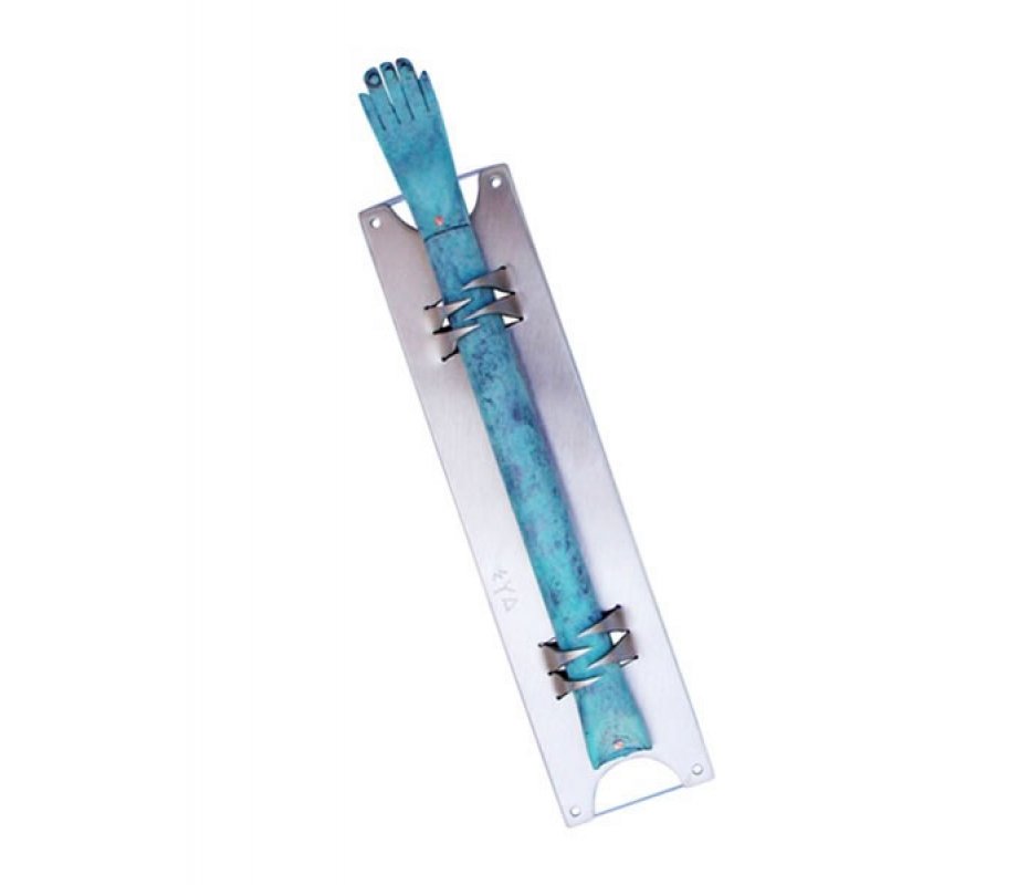 Shraga Landesman Alpaca Mezuzah Case Extended Hamsa Hand - Blue