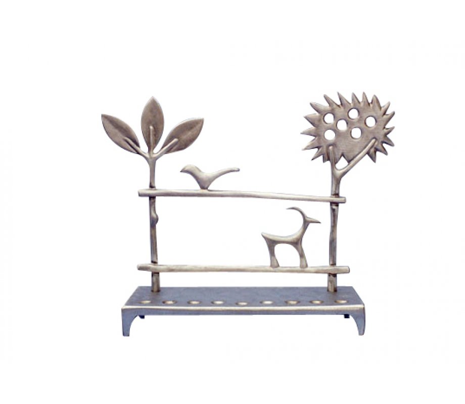 Shraga Landesman Aluminum Hanukkah Menorah - Trees and Deer
