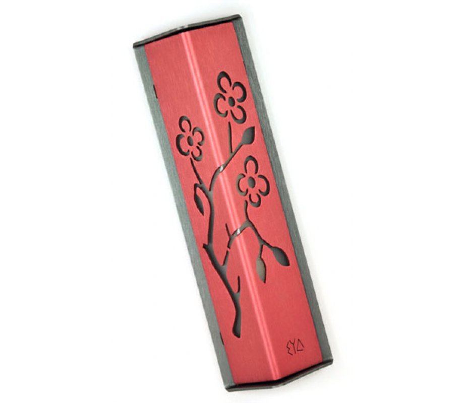 Shraga Landesman Angular Shiny Pink Aluminum Mezuzah Case - Almond Tree