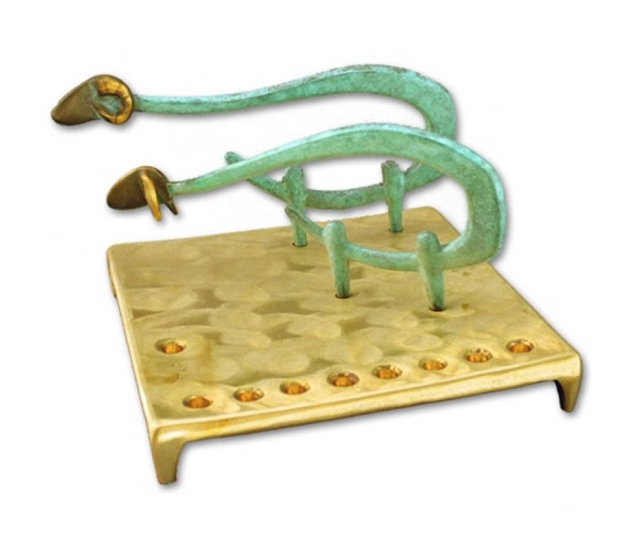 Shraga Landesman Brass Square Base Hanukkah Menorah - Sheep and Ram