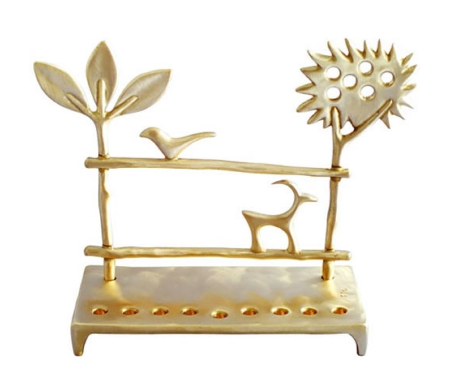 Shraga Landesman Cast Brass Hanukkah Menorah - Trees and Deer
