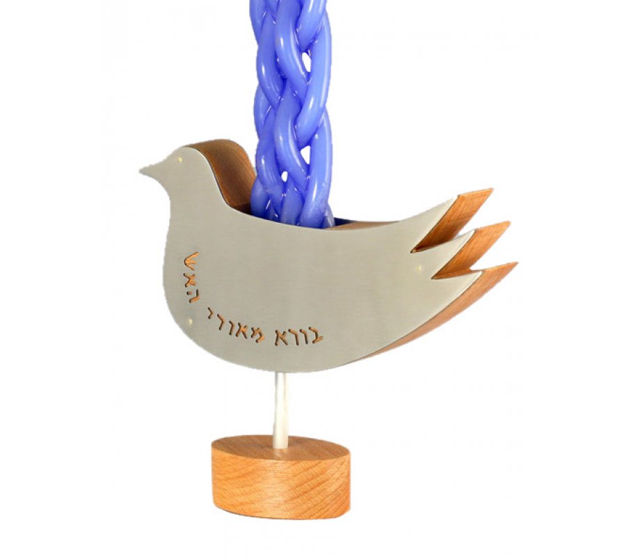 Shraga Landesman Engraved Dove Candle Holder - Wood and Stainless Steel