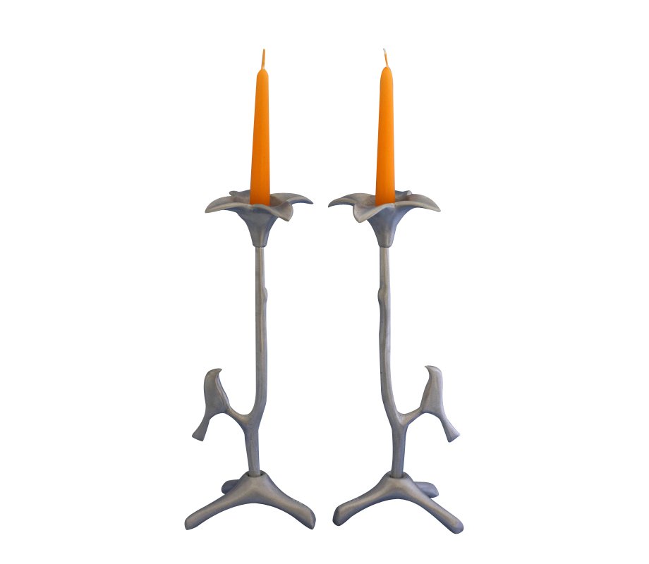 Shraga Landesman Flower Shaped Candle Holders atop Slender Branch and Bird
