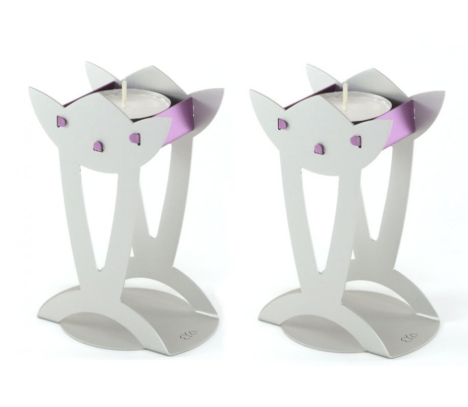 Shraga Landesman Flower Shaped Raised Candle Holders - Silver and Violet