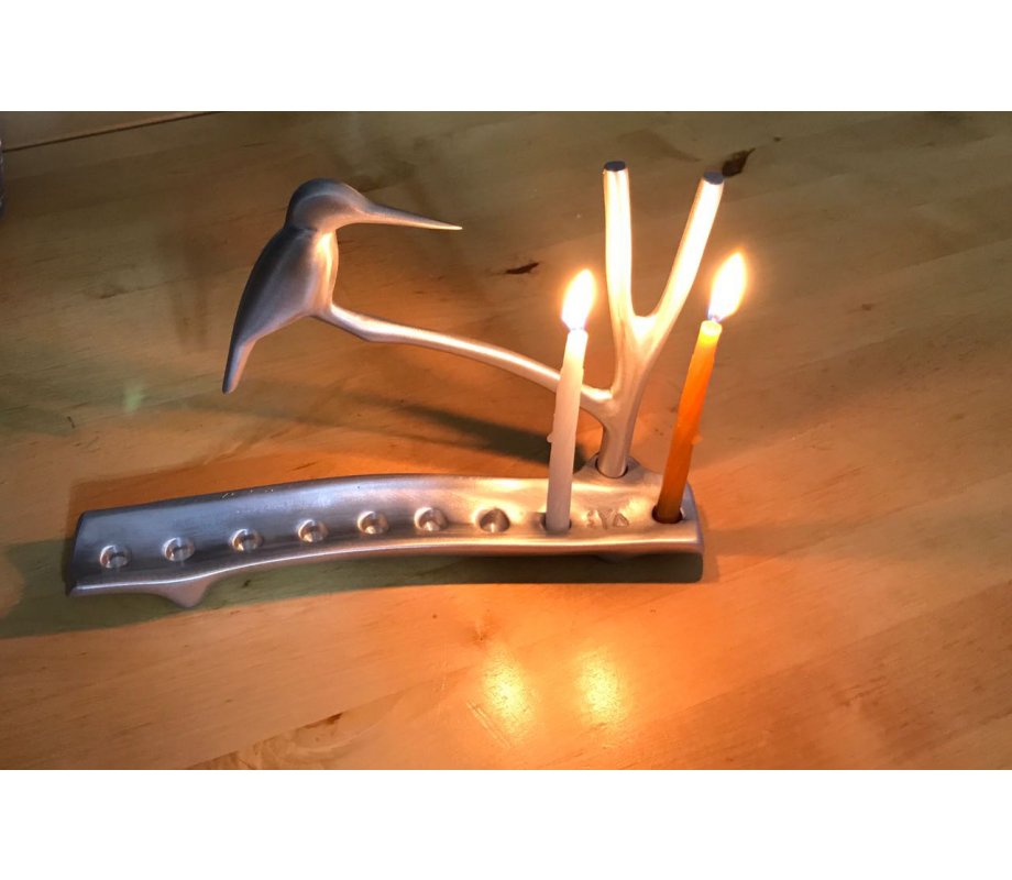 Shraga Landesman Hanukkah Menorah, Kingfisher Bird on Tree Branch