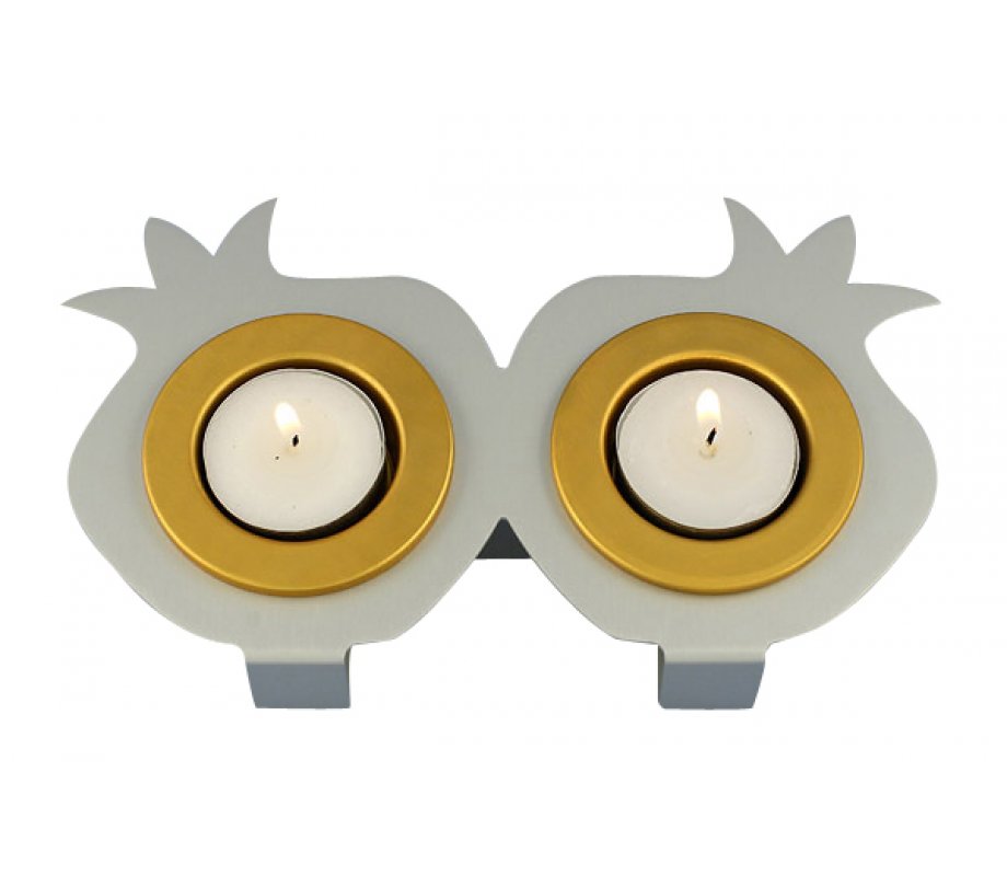 Shraga Landesman Joined Pair Pomegranate Candle Holders - Silver and Gold